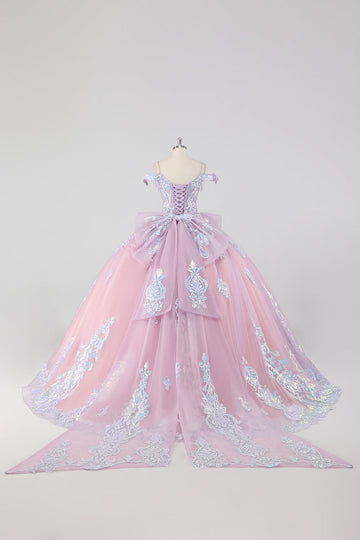 Princesse Blush Rose Épaule Dénudée Strass Robe Quinceanera en tulle avec nœud